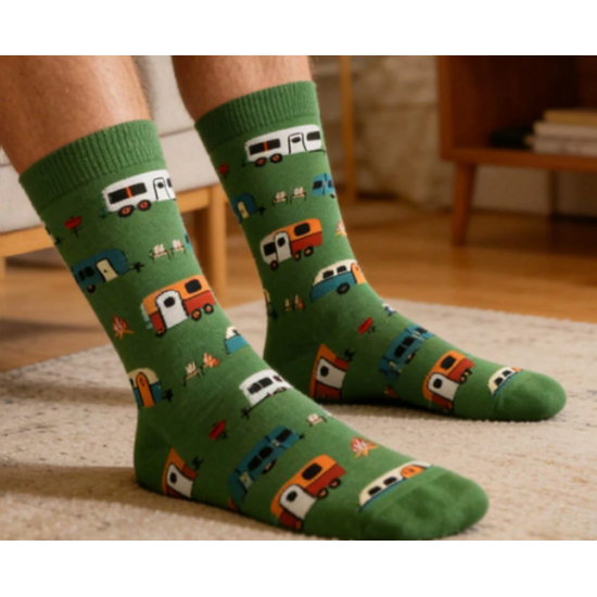 Three Pairs Men's Socks, camper van pattern Mid-Calf Socks
